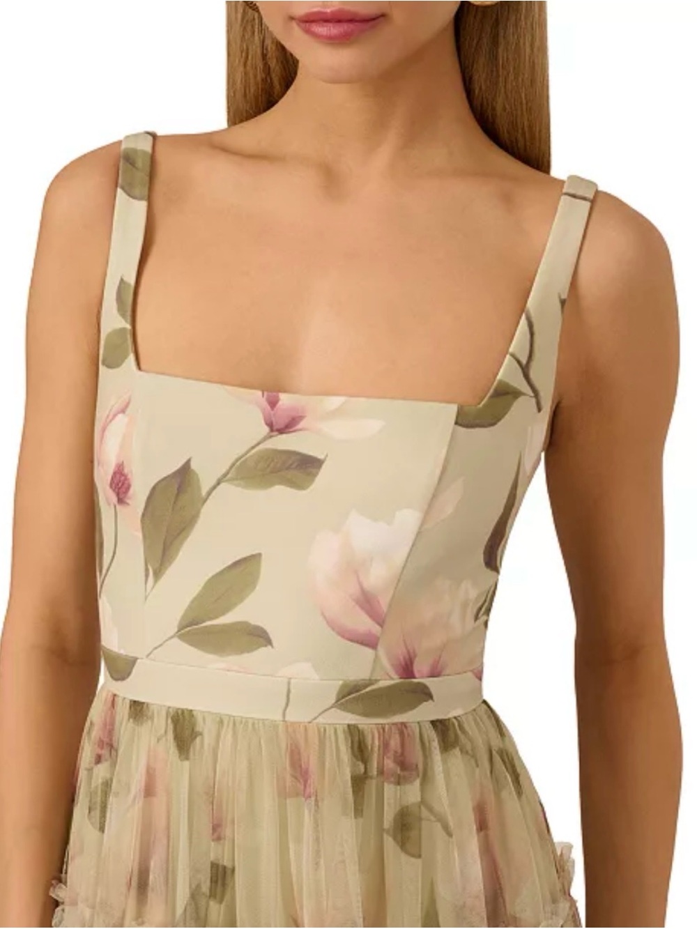 Adrianna Papell Olive Floral Tiered Midi Dress with Pink Blooms - Picture 2 of 4